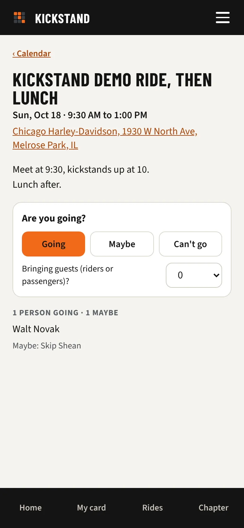 A ride on the chapter calendar with Going, Maybe and Can't go buttons and who's going