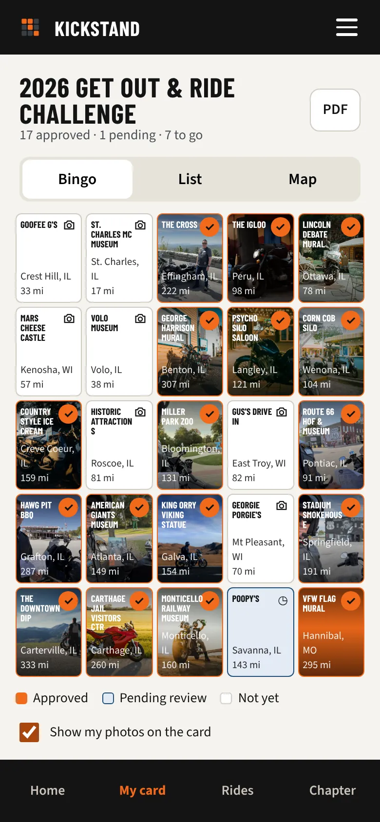 A rider's bingo card filling in with photos from each stop