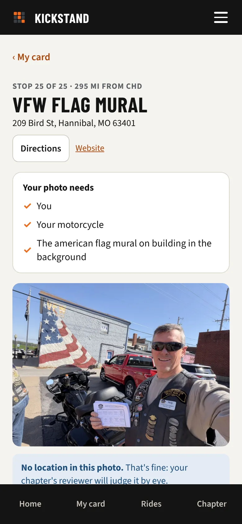 Checking in at a stop with the rider's photo