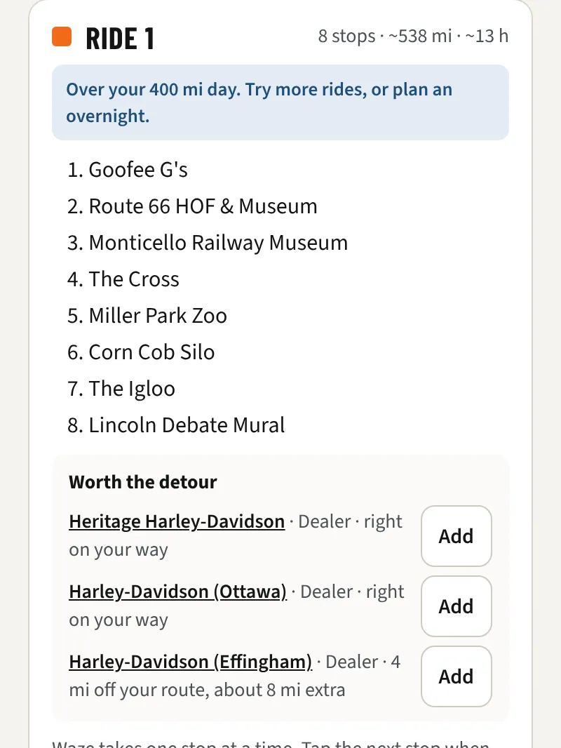 A planned ride with dealers worth the detour and an Add button for each