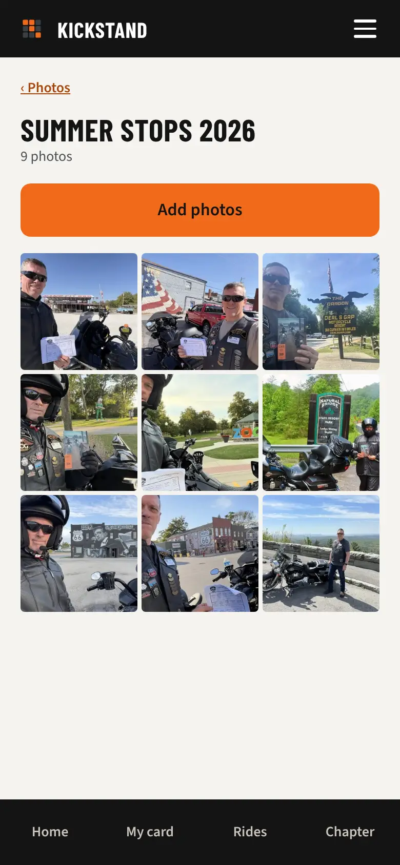 A chapter photo album: a grid of riders' photos from their stops, with an Add photos button