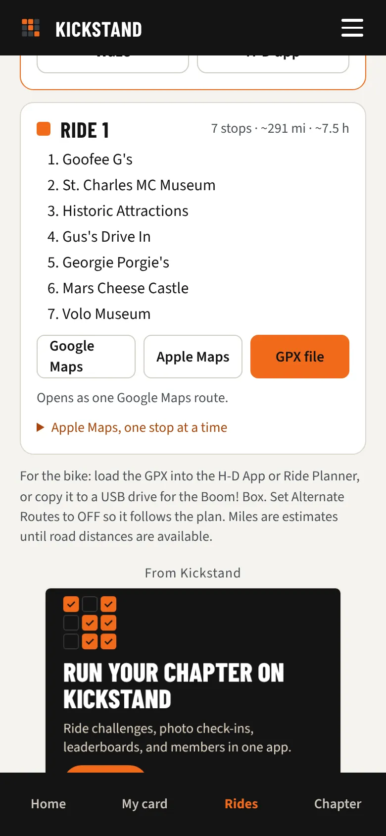 A planned loop from the dealer with Google Maps, Apple Maps, and GPX buttons