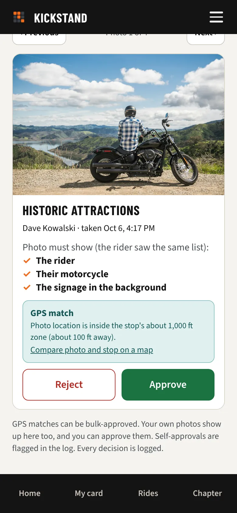 The review queue with a rider's photo, a GPS match, and Approve and Reject buttons