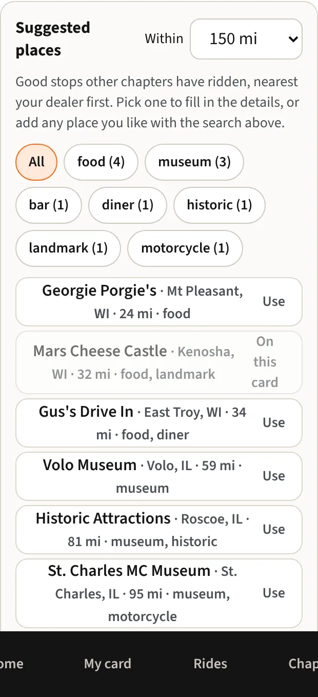 Suggested places nearest the chapter's dealer, filtered by tags like food and museum